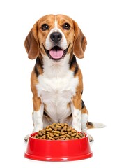 Portrait of a beagle near a red bowl with dry pet food