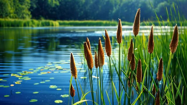 Serene Lakeside Bulrush Scene: Tranquil Nature Photography