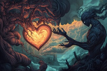 Obraz premium A mystical creature offers a glowing heart in a surreal landscape