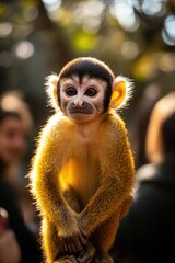 Obraz premium A monkey perched on the top of a wooden post, possibly in a forest or jungle environment