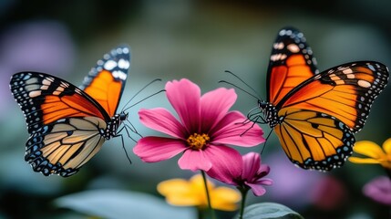 Fototapeta premium Luminous butterflies flying across a vivid sky blending hues of turquoise and lavender.