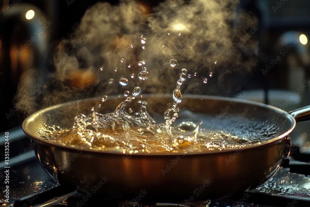 Poster a close-up shot of a frying pan on a stovetop with steam rising from the hot surface