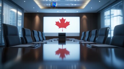 Modern conference room with canadian flag displayed on screen in elegant office setting