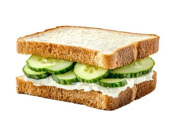English tea sandwich with thinly sliced cucumbers, butter, and cream cheese on crustless white bread, isolated on a white background