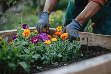 Fototapeta premium A person wearing gardening gloves plants flowers in a beautiful garden