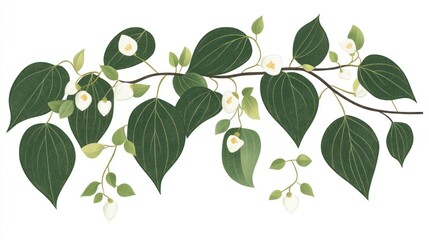 Blooming branch, white flowers, green leaves, spring, nature, design element