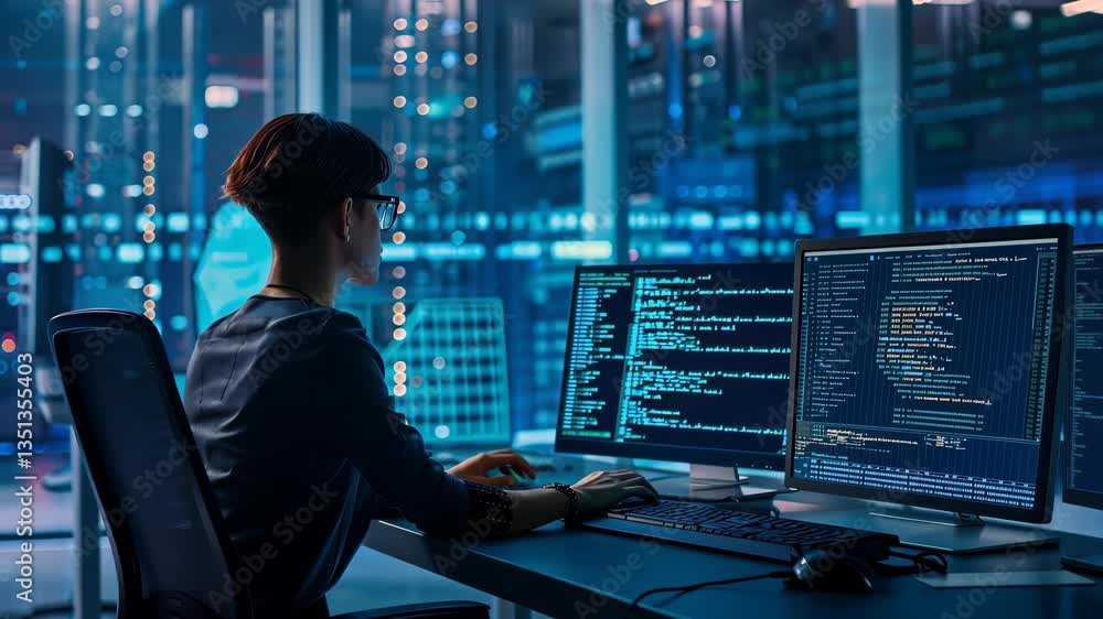 Poster A skilled female professional is diligently coding and analyzing data in a modern server room, using dual monitors and surrounded by advanced technology and data visualization tools