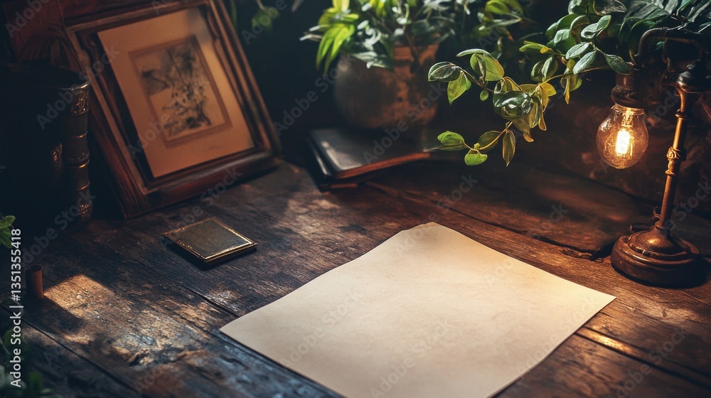 Poster a simple still life composition with a piece of paper resting on top of a wooden table