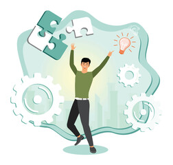 Mind fitness concept. Happy Man Celebrating Success with Puzzle Pieces and Gears