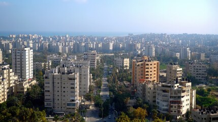 Fototapeta premium Panoramic View of a Coastal City Skyline Buildings, Mediterranean Sea in the background