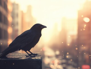 Fototapeta premium A black bird perches on top of a wooden post, simple and natural scene