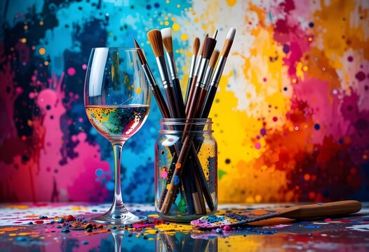 Art and wine night banner with paintbrushes, wine glasses, and creative splashes of color, ready to advertise summer sip and paint deals.