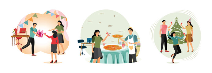 Fototapeta premium Birthday office party concept. Colleagues eating pizza. Corporate party.