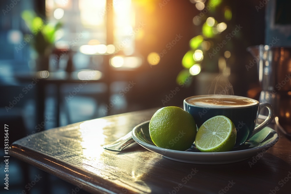 Poster A simple breakfast setup with a cup of coffee and some limes on a table