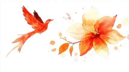 a watercolor red flower with a tiny phoenix