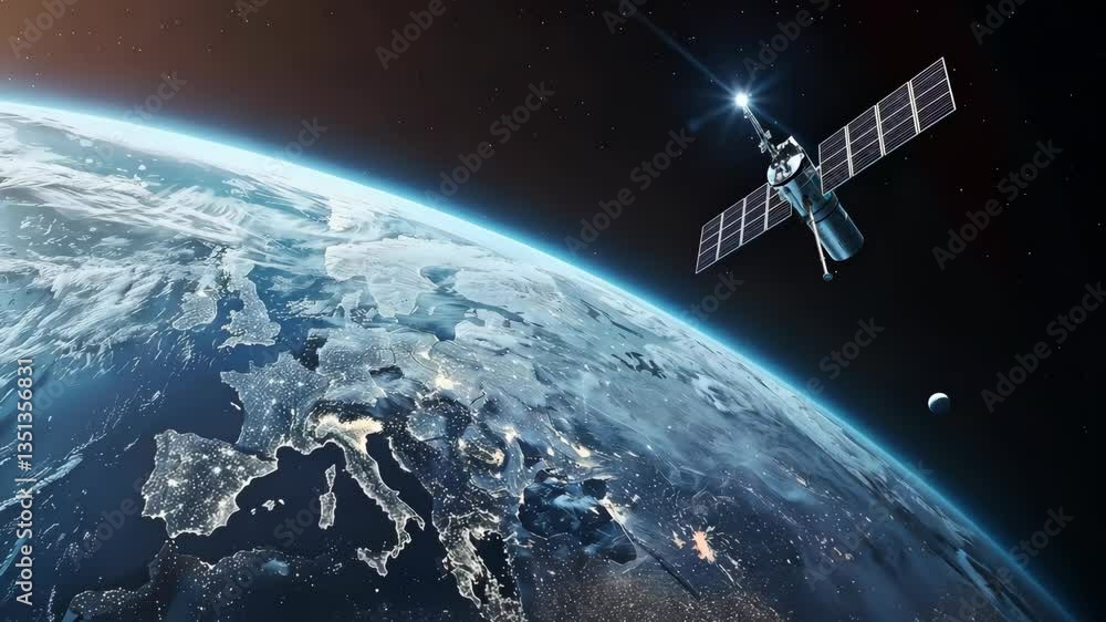 Poster an advanced satellite is beautifully showcased orbiting the earth, demonstrating the impressive syne