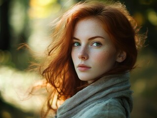 Naklejka premium A woman with bright red hair and a colorful scarf