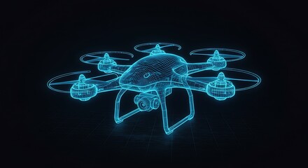 A glowing blue wireframe drone with camera on a dark background with a grid pattern on the surface