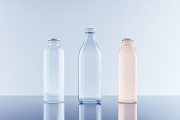 sleek futuristic beverage bottle stands on reflective surface positioned centrally against plain background showcasing
