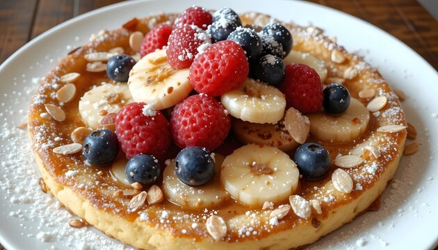 Gourmet Waffle Topped with Fresh Fruits and Almond Garnish