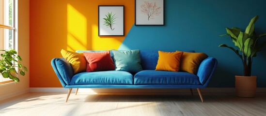 Scandinavian-inspired modern living room featuring a vibrant blue sofa adorned with colorful pillows, a cozy and inviting space with minimalist yet bold design elements.