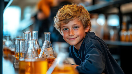 A Curious Boy Smiles During a Science Experiment in a School Lab