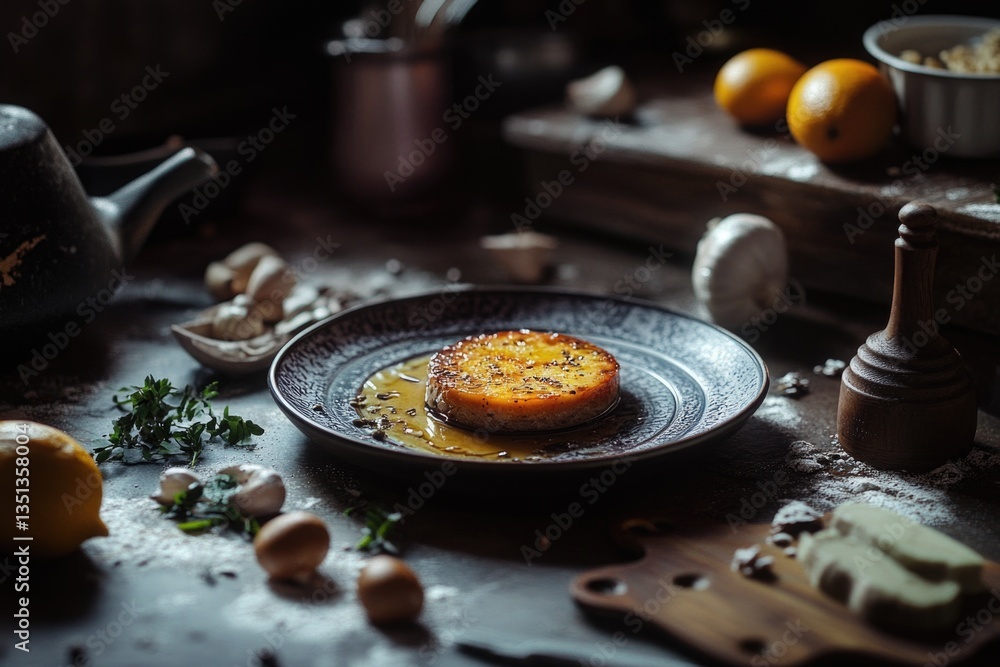 Aufkleber a plate of diverse food sitting on a wooden table with some utensils nearby, suitable for use in art