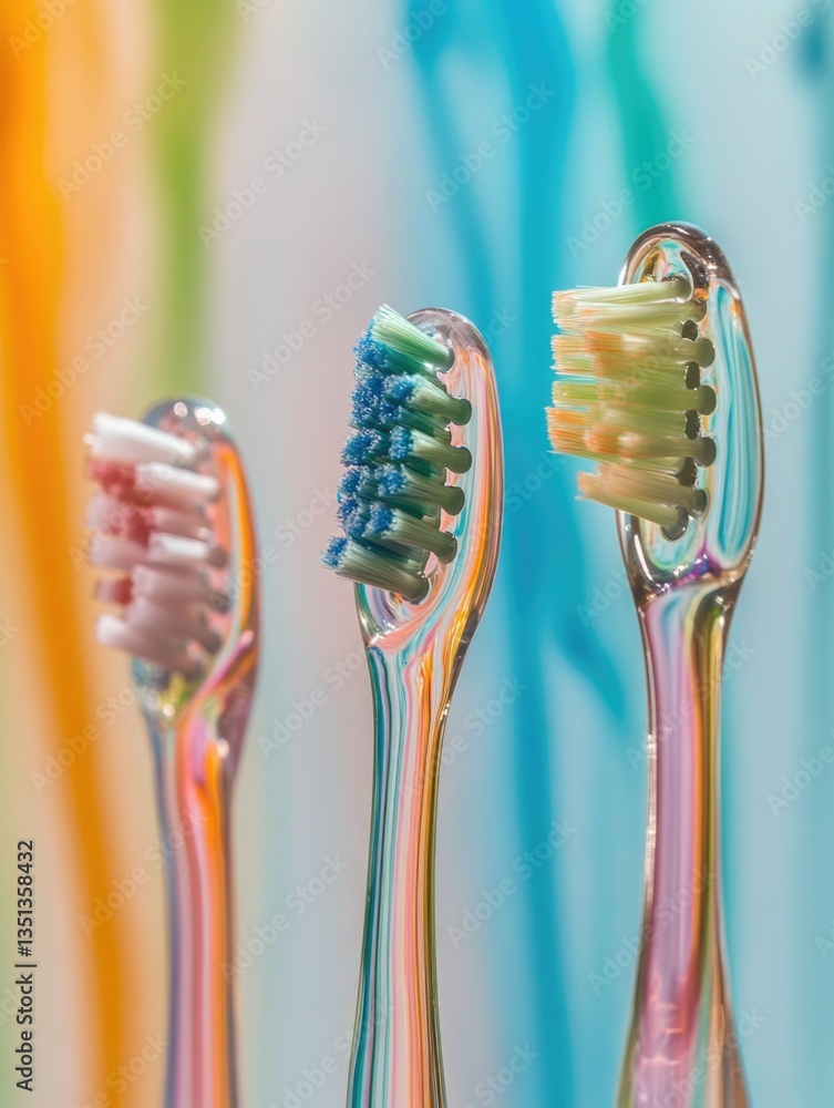 Poster Three toothbrushes are lined up in a row, ready for use