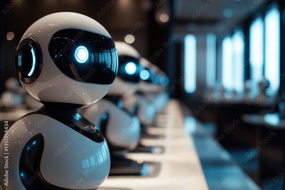 Aufkleber robots lined up at a modern service counter in a sleek urban environment