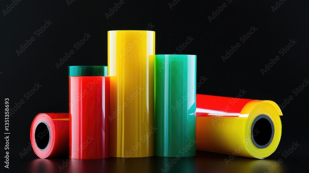 Poster A collection of colorful plastic rolls on a dark background, perfect for use in DIY projects or as a decorative element