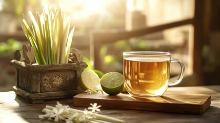 Lemongrass tea, lime, sunlit patio