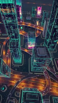Isometric neon cityscape with grid-like glowing outlines of buildings and streets at night. Concept of futuristic urban simulation