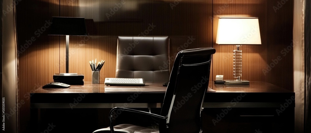 Aufkleber a simple office desk setup with a chair and a lamp
