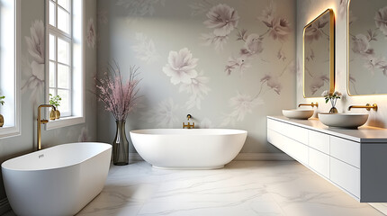 A tranquil and luxurious bathroom featuring a soft grey floral wallpaper accent wall, white marble countertops, and a freestanding bathtub.