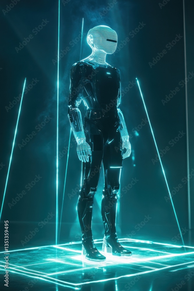 Poster futuristic humanoid robot with glowing neon lights in dark setting. concept of technology and artifi