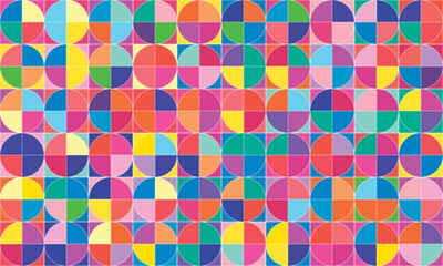 The vector background features colorful geometric circles and squares arranged artistically, creating a modern, dynamic, and visually appealing design for digital artwork and creative projects.

