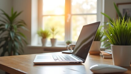 Modern workspace featuring a laptop, desk, and plants, illuminated by natural light, for remote work