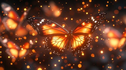 An eerie glow surrounds a cluster of butterflies hovering near an antique gothic chandelier.