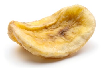A single dried banana chip on a white background