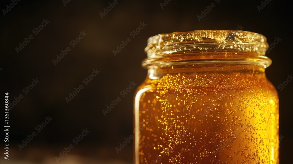 Poster a jar of honey sits on top of a table, ready for use