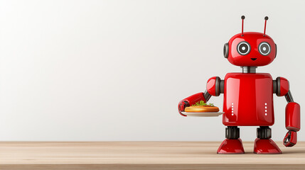 Friendly red robot holding sandwich plate on wooden surface, representing futuristic automated food delivery service against clean white background