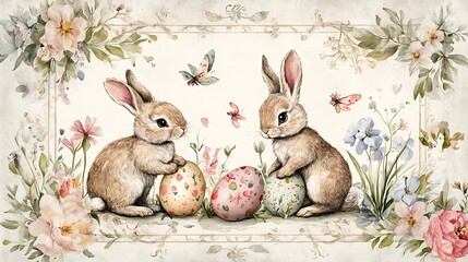 Easter bunnies with eggs, and flowers. (22)