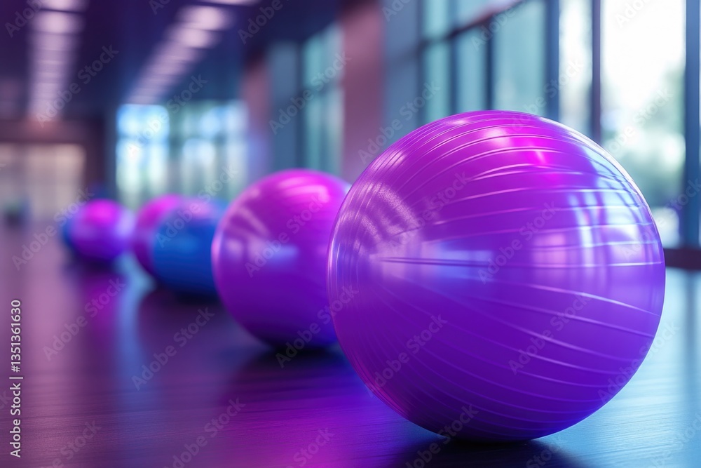 Poster purple and blue exercise balls arranged on floor in studio setting