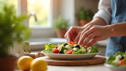Making Fresh Salad with Vegetables and Feta Cheese in Kitchen with Daylight on Wood Table