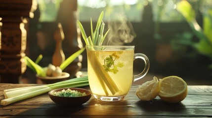 Lemongrass tea, tropical garden, sunrise, healthy drink