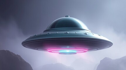 Obraz premium A mysterious alien spacecraft descends silently over a desolate, misty landscape, its vibrant pink and blue lights illuminating the eerie scene with a soft, ethereal glow.