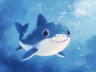 Obraz premium Cartoon Shark Swimming Underwater with Bubbles Illustration for Children