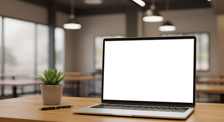 Desk Laptop with blank screen on table of coffee