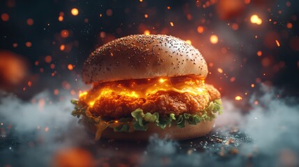 Fiery chicken burger, smoky background, food photography, menu use