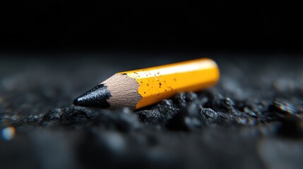 Obraz premium Worn pencil on dark surface. Close-up of a used yellow pencil lying on a dark, textured surface. The graphite lead is visibly worn